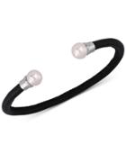 Majorica Silver-tone Imitation Pearl Leather Cuff Bracelet