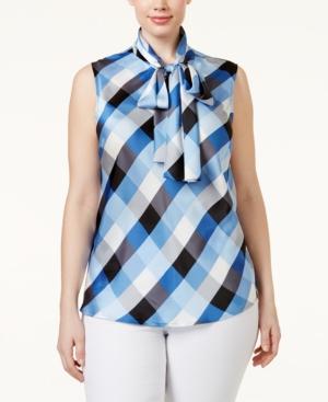 Nine West Plus Size Diamond-print Bow-neck Shell