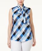 Nine West Plus Size Diamond-print Bow-neck Shell