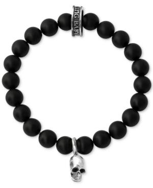 King Baby Men's Onyx Beaded Skull Charm Stretch Bracelet In Sterling Silver