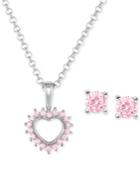 Children's Pink Cubic Zirconia Heart Pendant Necklace And Stud Earrings In Sterling Silver