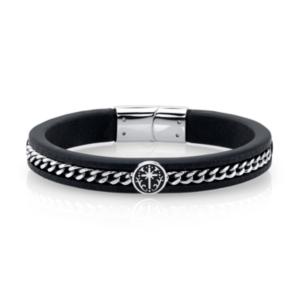 He Rocks Black Leather And Cross Design Stainless Steel Chain Bracelet, 8.5