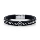 He Rocks Black Leather And Cross Design Stainless Steel Chain Bracelet, 8.5