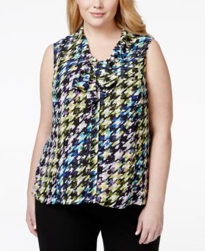 Tahari Asl Plus Plus Size Sleeveless Houndstooth Tie-neck Blouse