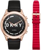 Dkny Women's Minute Woodhaven Black Leather Strap Hybrid Smart Watch 38mm Gift Set, Created For Macy's