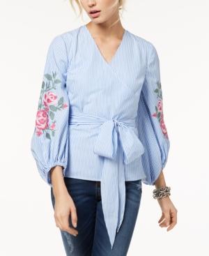 Inc International Concepts Embroidered Striped Surplice Blouse, Created For Macy's