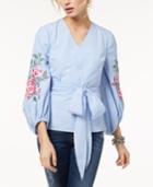 Inc International Concepts Embroidered Striped Surplice Blouse, Created For Macy's