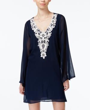Crystal Doll Juniors' Contrast Crochet Bell-sleeve Shift Dress