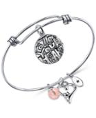 Unwritten Happiness Charm And Cherry Quartz (8mm) Adjustable Bangle Bracelet In Stainless Steel