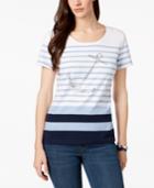 Karen Scott Embellished Anchor Striped T-shirt, Created For Macy's