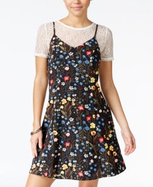 One Hart Juniors' Lace T-shirt & Printed Slip Dress Set