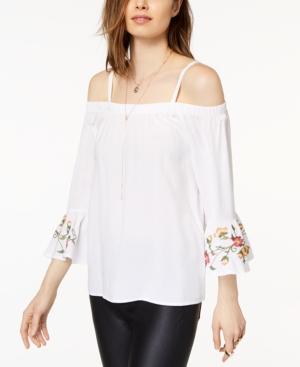 Crave Fame Juniors' Embroidered Off-the-shoulder Ruffle-sleeved Top