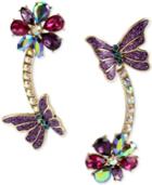 Betsey Johnson Gold-tone Multi-stone Flower & Butterfly Mismatch Linear Drop Earrings