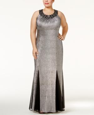 R & M Richards Plus Size Beaded Metallic Pleated Gown