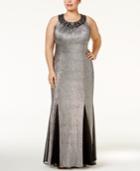 R & M Richards Plus Size Beaded Metallic Pleated Gown