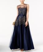 Tahari Asl Embroidered Floral Illusion Gown