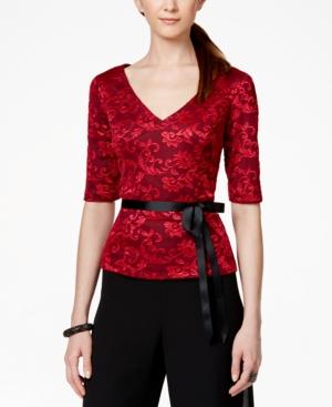 Alex Evenings Elbow-sleeve Lace Belted Blouse