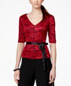 Alex Evenings Elbow-sleeve Lace Belted Blouse