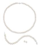 Sterling Silver Jewelry Set, Cultured Freshwater Pearl And Diamond Accent Earrings, Necklace And Bracelet