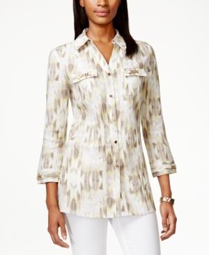 Jm Collection Petite Three-quarter-sleeve Printed Linen Shirt, Only At Macy's