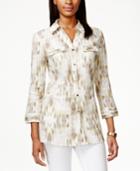 Jm Collection Petite Three-quarter-sleeve Printed Linen Shirt, Only At Macy's