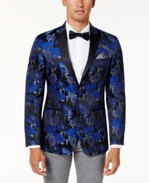 Tallia Men's Slim-fit Blue And Black Floral Pattern Dinner Jacket