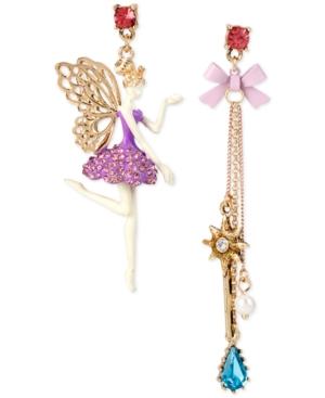 Betsey Johnson Gold-tone Crystal Fairy-and-chain Mismatched Earrings
