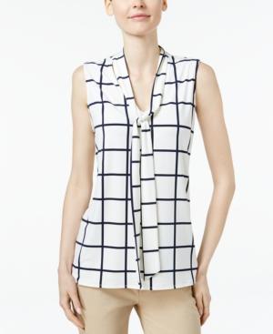 Charter Club Windowpane-print Tie-neck Top, Only At Macy's