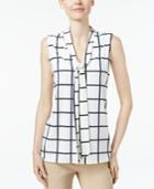 Charter Club Windowpane-print Tie-neck Top, Only At Macy's