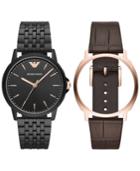 Emporio Armani Men's Black Stainless Steel Bracelet & Brown Leather Strap Interchangeable Watch 41mm Set