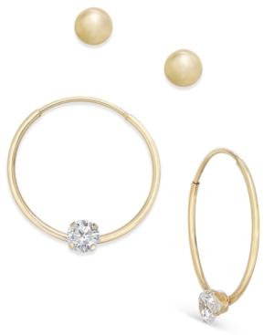 2-pc. Set Ball Stud And Cubic Zirconia Hoop Earrings In 10k Gold