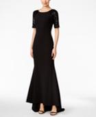Calvin Klein Lace-sleeve V-back Gown