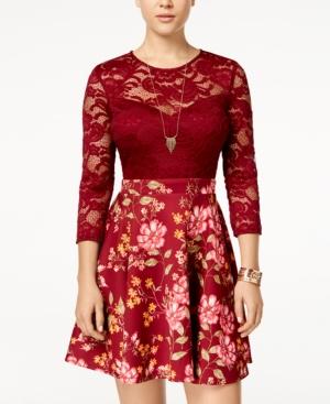 B Darlin Juniors' Lace & Floral-print Scuba Fit & Flare Dress