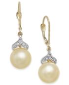 Cultured Golden South Sea Pearl (9mm) And Diamond (1/8 Ct. T.w.) Drop Earrings In 14k Gold