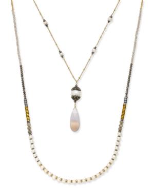 Paul & Pitu Naturally 14k Gold-plated Multi-stone And Cultured Freshwater Pearl Double Row Pendant Necklace