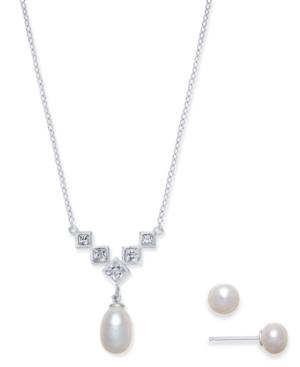 Cultured Freshwater Pearl (7 X 9 & 6mm) & Cubic Zirconia Jewelry Set In Sterling Silver