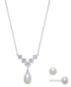 Cultured Freshwater Pearl (7 X 9 & 6mm) & Cubic Zirconia Jewelry Set In Sterling Silver