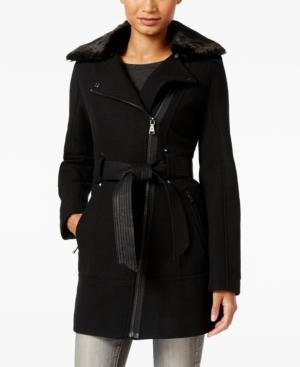 Guess Faux-fur-collar Mixed-media Asymmetrical Coat