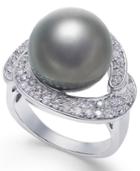 Cultured Black Tahitian Pearl (13mm) And Diamond (5/8 Ct. T.w.) Ring In 14k White Gold