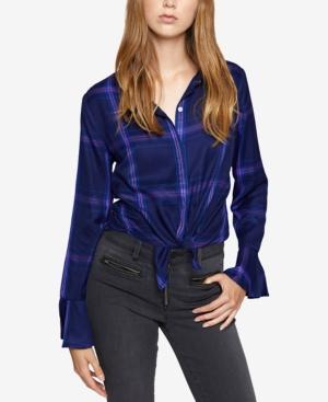 Sanctuary Flare-sleeve Tie-front Plaid Shirt