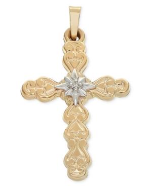 Diamond Accent Two-tone Filigree Cross Pendant In 14k Gold & White Gold
