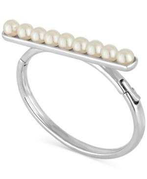 Majorica Silver-tone Imitation Pearl Bar Hinged Bangle Bracelet