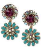 Betsey Johnson Gold-tone Crystal And Stone Flower Front And Back Earrings