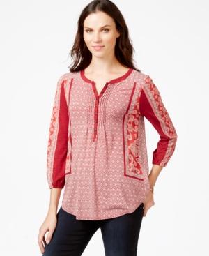 Lucky Brand Three-quarter-sleeve Printed Peasant Top