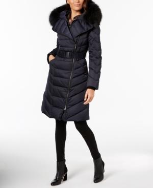 Elie Tahari Asiatic Raccoon-fur-collar Belted Asymmetrical Down Coat