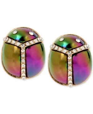 Betsey Johnson Gold-tone Iridescent And Pave Scarab Stud Earrings