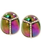 Betsey Johnson Gold-tone Iridescent And Pave Scarab Stud Earrings
