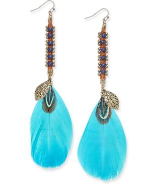 Gold-tone Beaded Blue Feather Drop Earrings