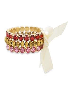Catherine Malandrino Women's Red And Pink Rhinestone White Ribbon Trio Yellow Gold-tone Trio Stretch Bracelet