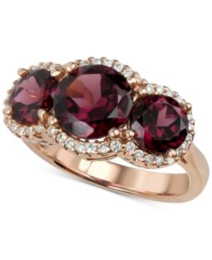 Rhodolite Garnet (5 Ct. T.w.) And Diamond (1/4 Ct. T.w.) Three Stone Ring In 14k Rose Gold